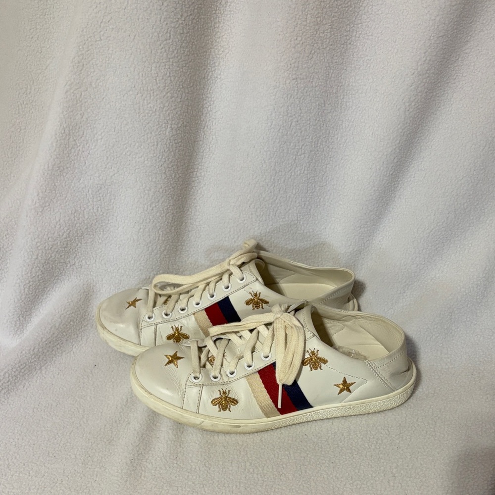 Gucci White Sneakers with Gold and Red Accents